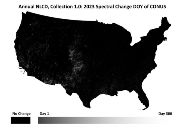 Annual NLCD Spectral Change DOY of CONUS grayscale map of change